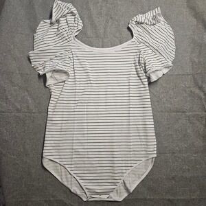 Eden & Ivy White Black‎ Striped Puff Sleeve Bodysuit Women's 3X NWT